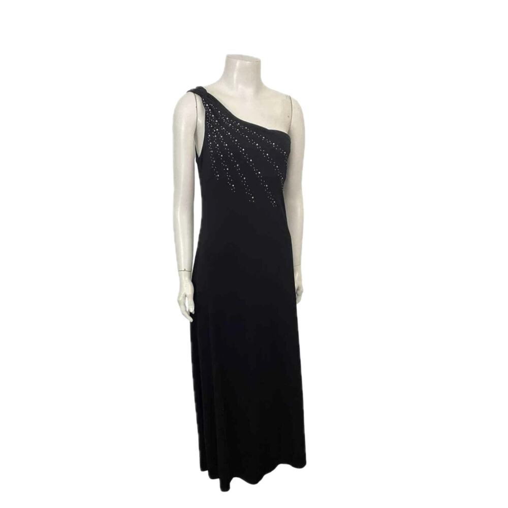Vintage One Shoulder Black Evening Dress Rhinestone Asymmetrical Gown / medium -